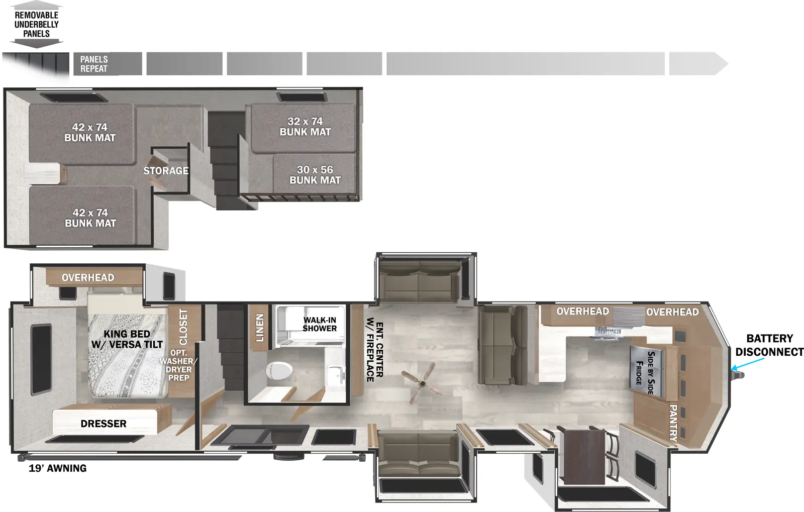 The Wildwood Lodge 42FK has one entry and four slide outs. Exterior features include: metal or fiberglass exterior and 19' awning. Interiors features include: loft, front kitchen, free-standing dinette option and rear bedroom.